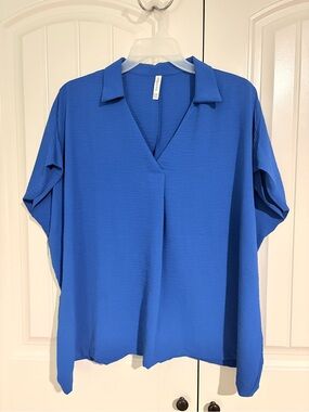 Zenana Royal Blue V-Neck Collared Dolman Sleeve Top